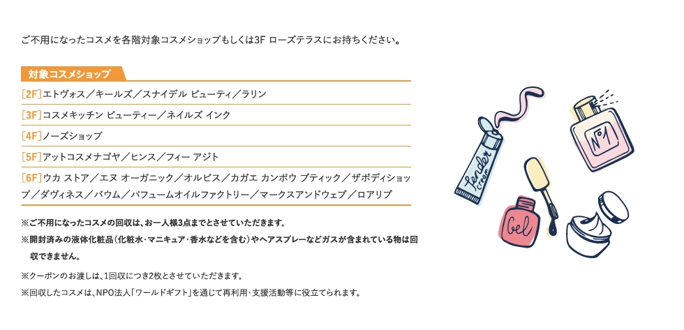 ご不用になったコスメを各階対象コスメショップもしくは3Fローズテラスにお持ちください。